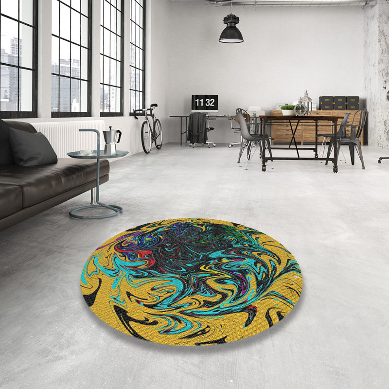 Tapis jaune/bleu à motifs, Rond 5 pi