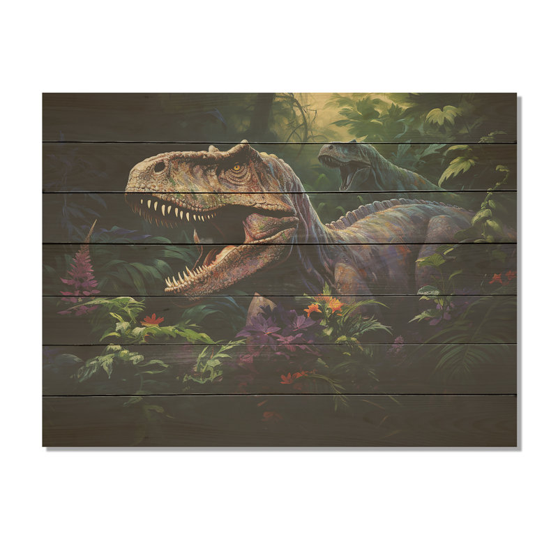 Velociraptors de la préhistoire dans la jungle - dinosaure sur bois, H 10 po x l 20 po