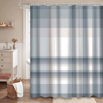 Plaid Check Faded Beige White Blue Shower Curtain with 12 Hooks