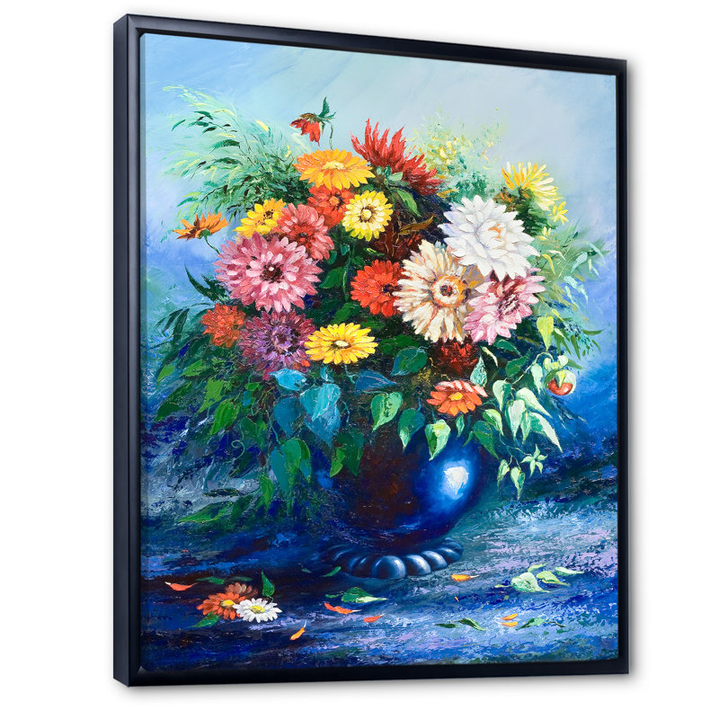 Bouquet de fleurs bleues - art mural traditionnel sur toile, H 20 po x l 12 po x P 1 po, Toile avec cadre flottant noir