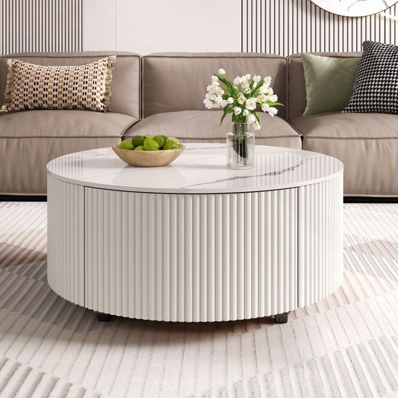 Table basse ronde moderne avec 2 tiroirs, Blanc