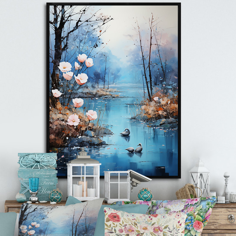 «Romantic Serene Floral Waters», reproduction sur toile encadrée, Cadre flottant noir, H 32 po x l 24 po x P 1 po