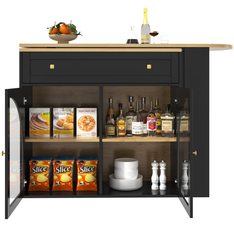Kitchen Island With 2 Doors, 1 Drawer And Extendable Table, Black