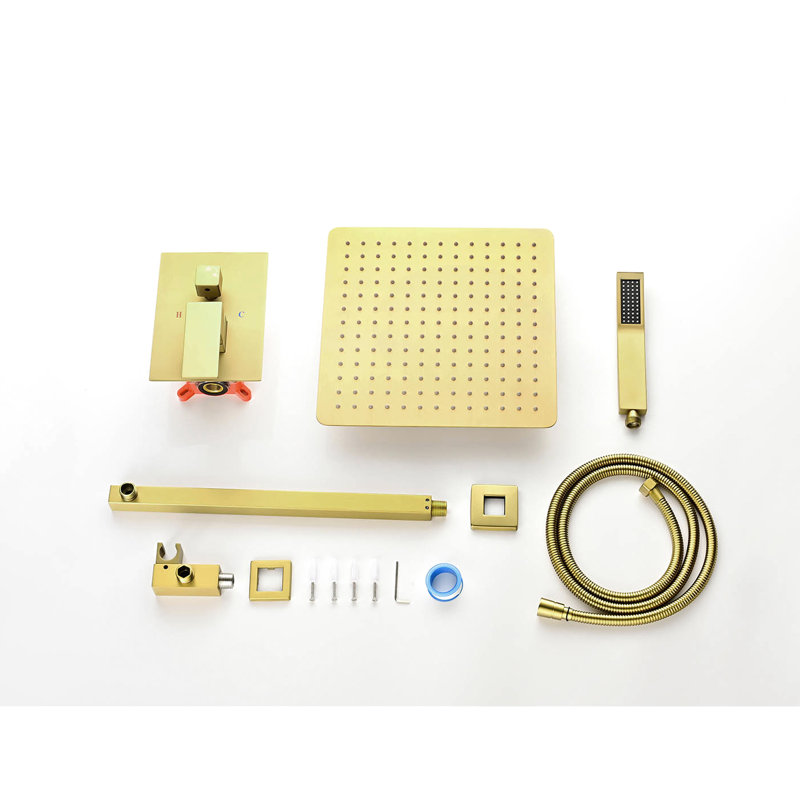 10" Wall Mounted Shower Fixture - Bathroom Rain Brushed Gold One Handle Head System, Gold