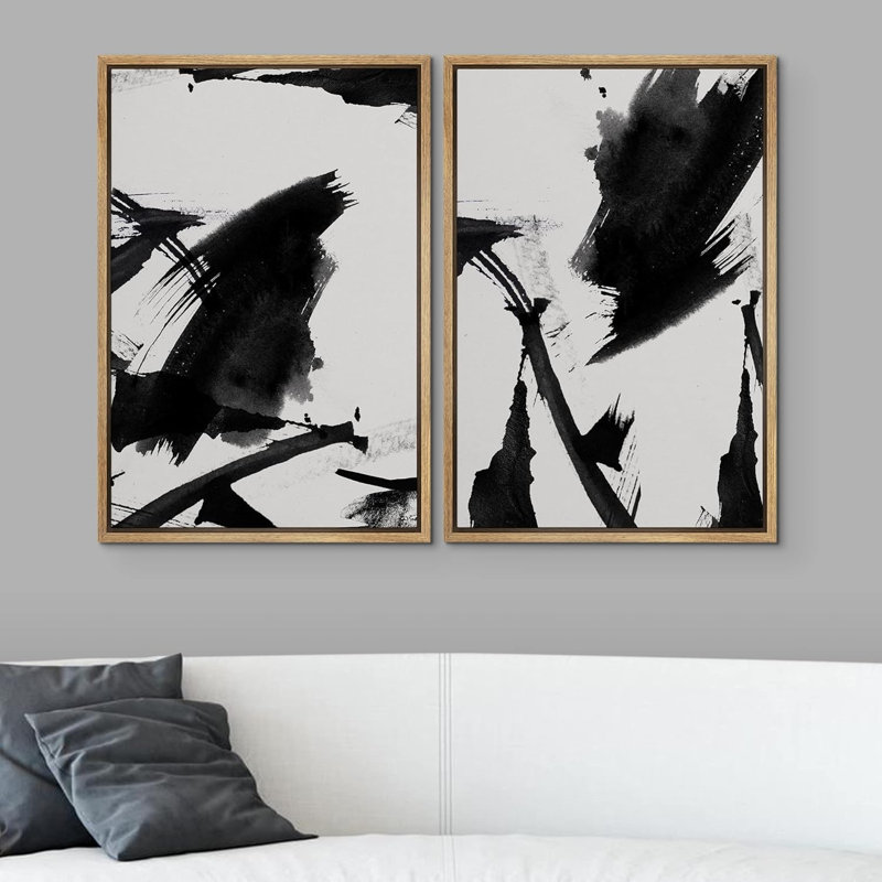 «Black Duotone Paint Stroke Landscape Abstract Shapes», 2 pièces sur toile, Encadré naturel, H 36 po x l 24 po