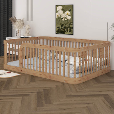 Structure de lit double Montessori avec clôture, conception sans lattes pour le jeu créatif, espace de bricolage, barrière de sécurité en bois massif