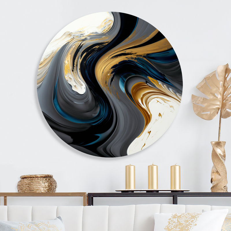 Art mural liquide noir, blanc et or IV - Abstrait encre liquide ronde sur métal, L 16 po x H 16 po