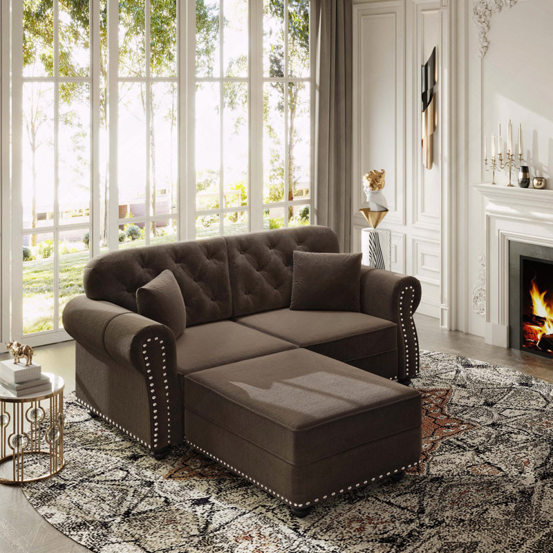 Velours Chesterfield canapé garniture cloutée capitonnée, Brun