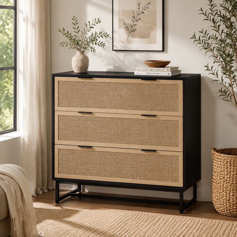 Rattan Dresser For Bedroom, 37.2" Wide 3 Drawer Dresser With Metal Handles, Wood Storage Dressers & Chests Of Drawers For Hallway, Black