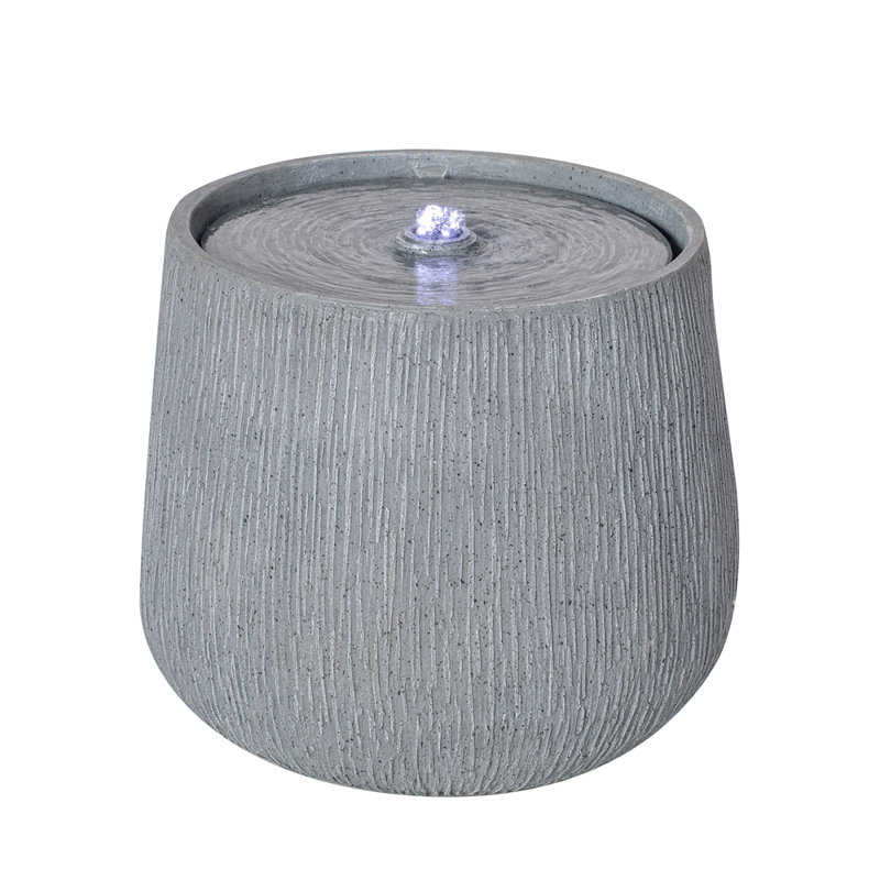 12.99"H Gray Polyresin Outdoor Water Fountain, Bowl-Shaped Water Feature with LED Light for Patio Deck Yard Decor