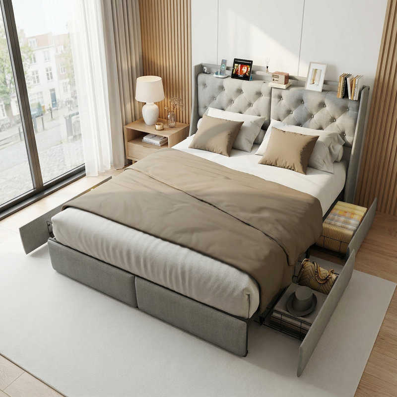 Structure de lit plateforme grand en métal avec tête de lit avec rangement, lumières à DEL RVB et station de charge - solution de chambre à coucher grise moderne