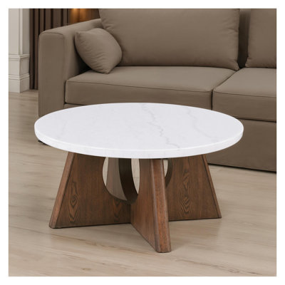 Table basse ronde moderne avec plateau en marbre véritable et base piédestal en finition chêne blanc et brun