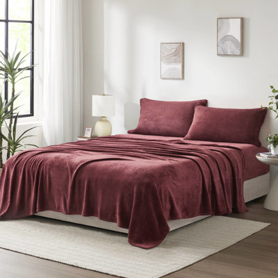 King Sheet , 4 Pcs Burgundy, 100% , And Comfortable, Brushed On Both Sides, Comes With Flat Sheet, Fitted 2 Pillowcases, For 16" Mattresses, Burgundy , Soft Cozy Velvet Feel, Includes Elasticized