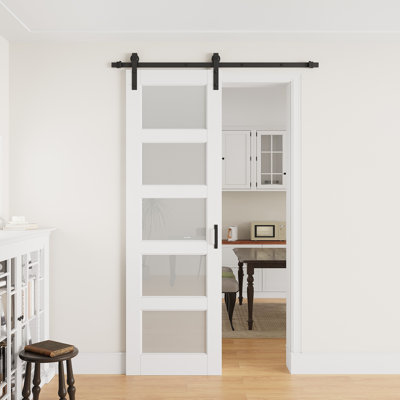 30" × 96" Wood Glass Sliding Barn Door with Finished Surface, Ready to Use All Installation Hardware Kit Included, Can Be Repainted, No Assembly Required