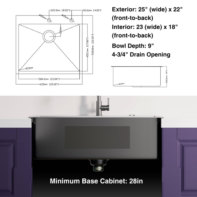Évier de cuisine en acier inoxydable 304 de calibre 18 de 25 po x 22 po noir