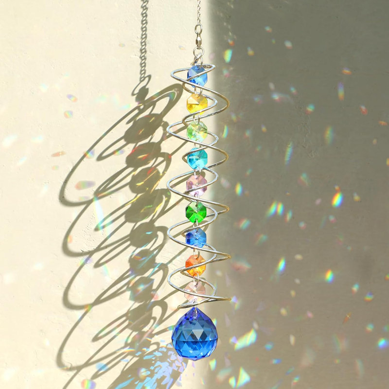 Tourne-vent en cristal 18,5 "- prismes colorés et boule de regard bleue, décoration suspendue pour fenêtre / jardin