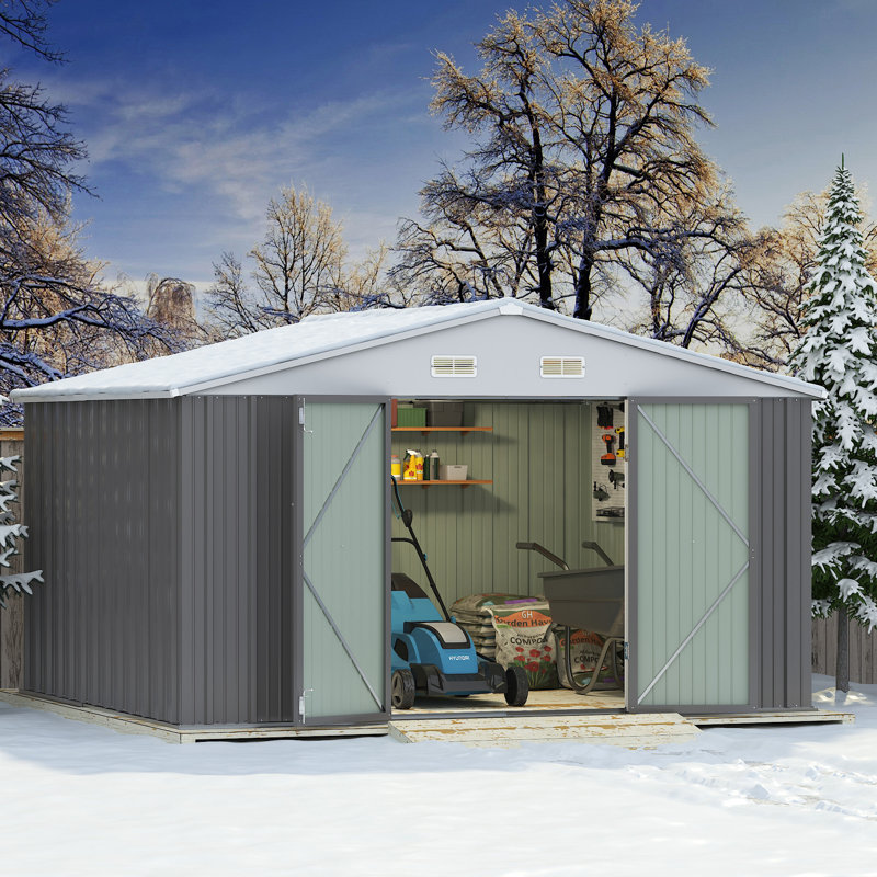 Outdoor Garden Metal Storage Shed with Lockable Double Doors, 76.4" H x 125.5" W x 103" D, Gray