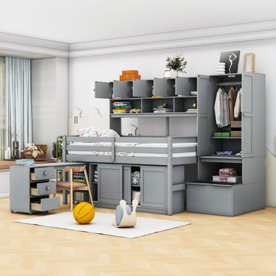 Wooden Loft Bed With Drawers, Shelves, Wardrobe And Stairs by Harriet Bee