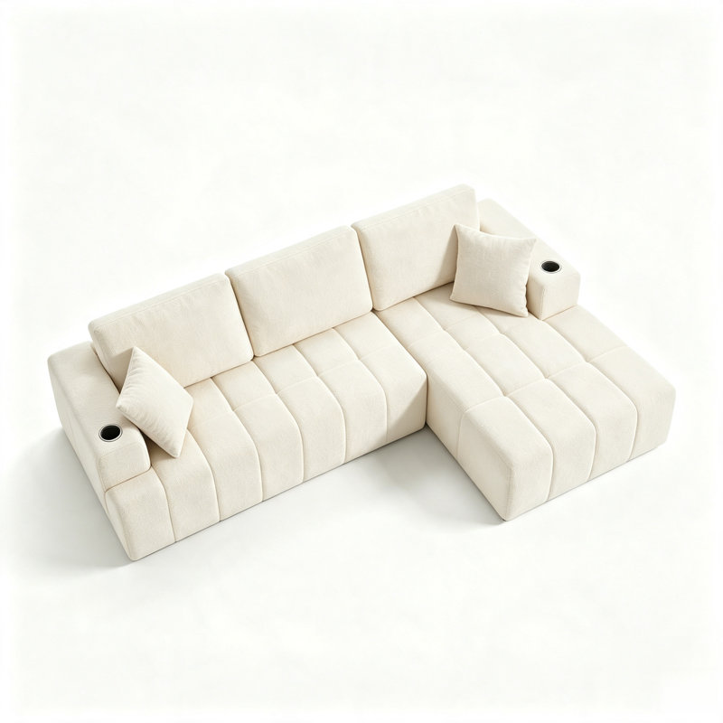 Canapé modulaire en chenille de 108 po en L 108 po beige, canapé à compression 4 places avec méridienne droite, porte-gobelets et poches latérales, canapé rembourré sans assemblage pour le salon
