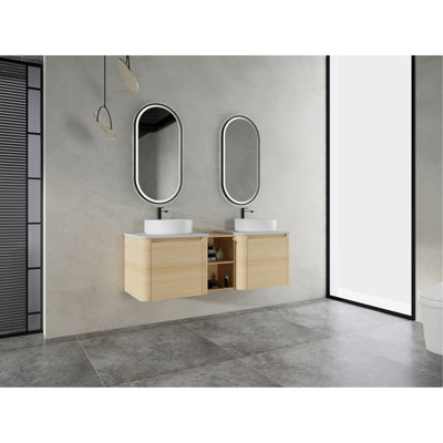 Meuble-lavabo mural avec lavabo d'art en céramique et 1 tablette de rangement, porte à fermeture en douceur, emballage KD, contreplaqué
