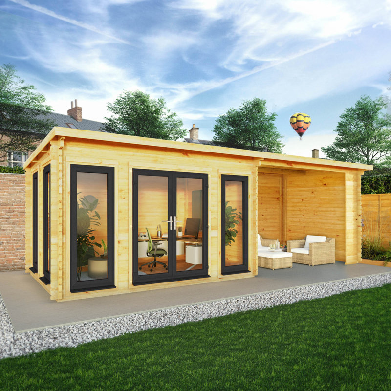 23ft x 10ft Studio Pent Log Cabin With Patio Area With UPVC Windows & Doors (44mm), Grey/Natural Timber