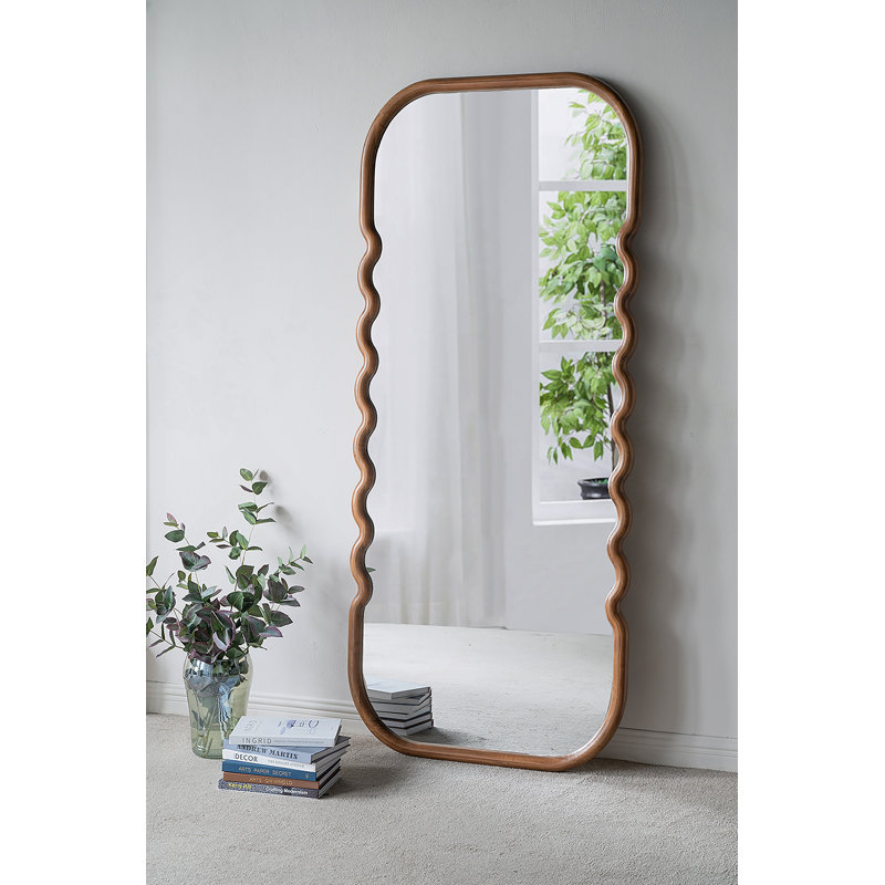 31.4X1.4X74" Oversized Wooden Floor Mirror With Unique Brown Frame