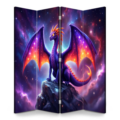 4 Panels Folding Screen Room Divider Royal Cosmic Fire Dragon Glowing Wings Vibrant Nebula Galaxy Canvas Screen Room Separator Freestanding Protective Wall Divider Privacy Partition