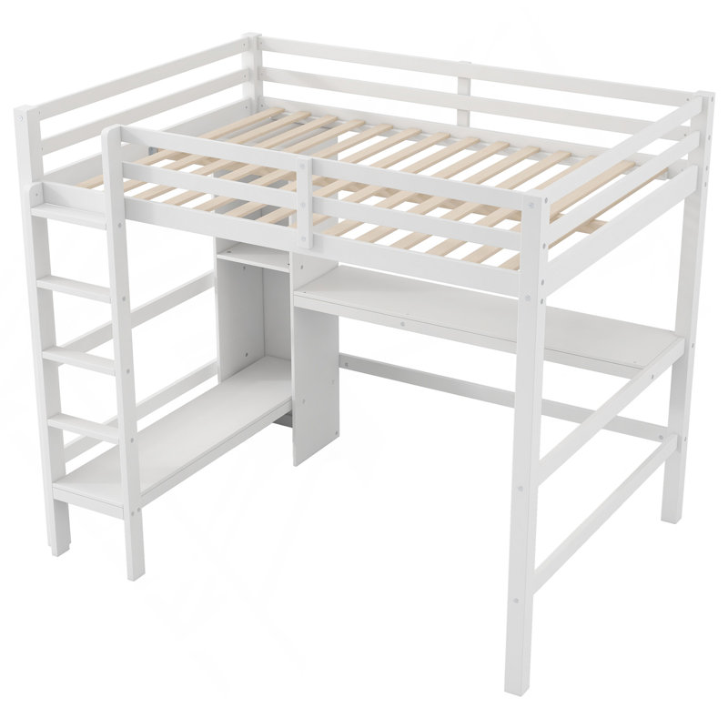 Lit mezzanine double avec tablettes multifonctionnelles et bureau sous le lit, blanc