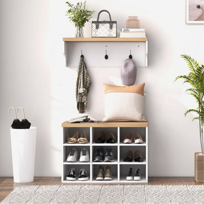 Ensemble de banc à chaussures 2 en 1, support à chaussures 9 paires avec portemanteau, entrée moderne, couloir, vestibule, rangement pour chambre à coucher, blanc