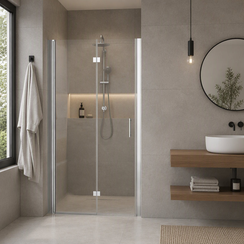 Porte de douche pliante sans cadre de 91,4 cm (L) x 182,9 cm (H) avec verre trempé et finition chromée, conception compacte