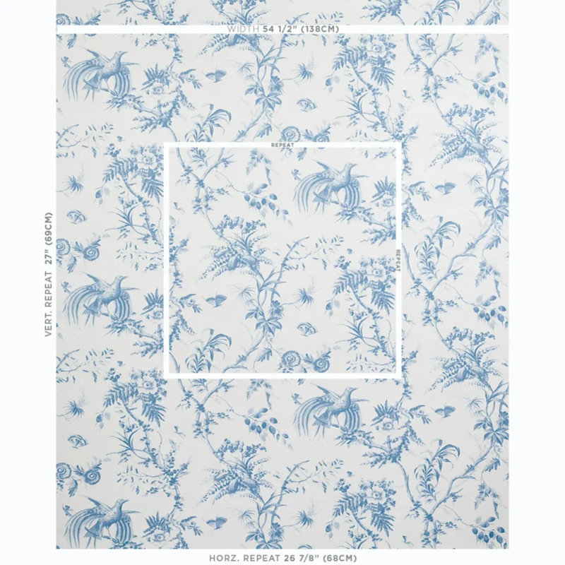 Schumacher x Jill Lasersohn Toile De La Prairie Wallpaper, Blue