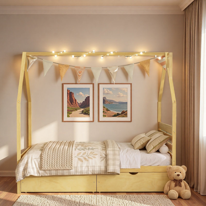 Lit en bois en forme de maison avec 2 tiroirs de rangement, support dorsal fiable et conception de toit adorable, Full