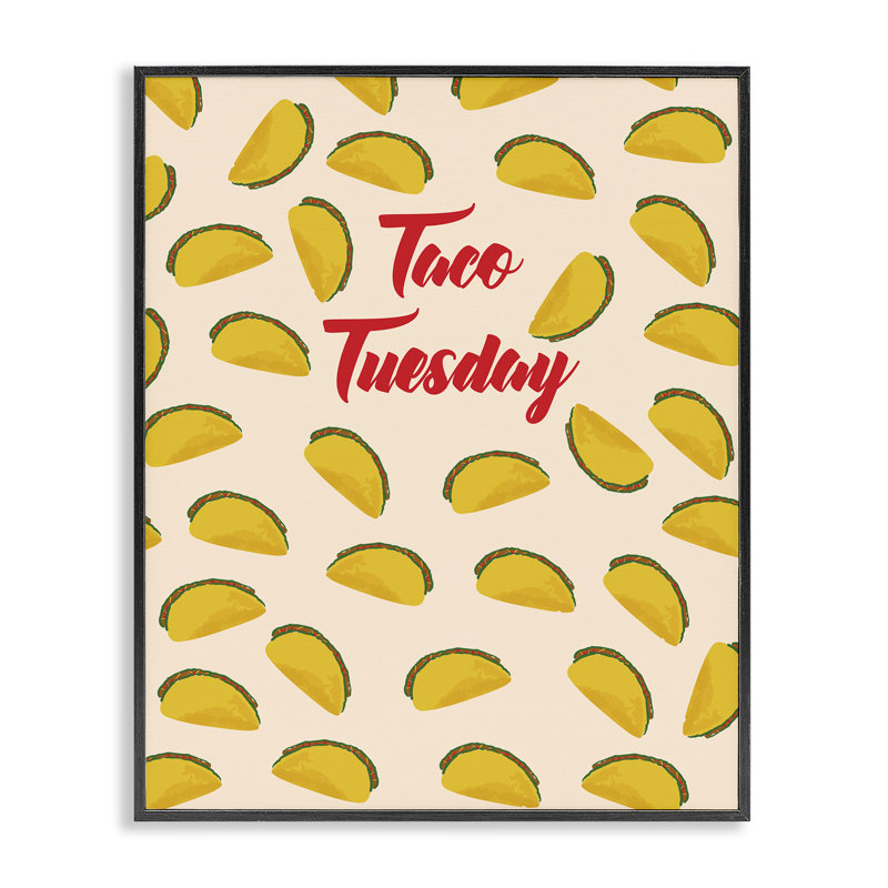 Taco Tuesday Food Pattern Giclee Art, design by Dina Riddle, 14" H x 11" W, Midnight Black Framed Giclee