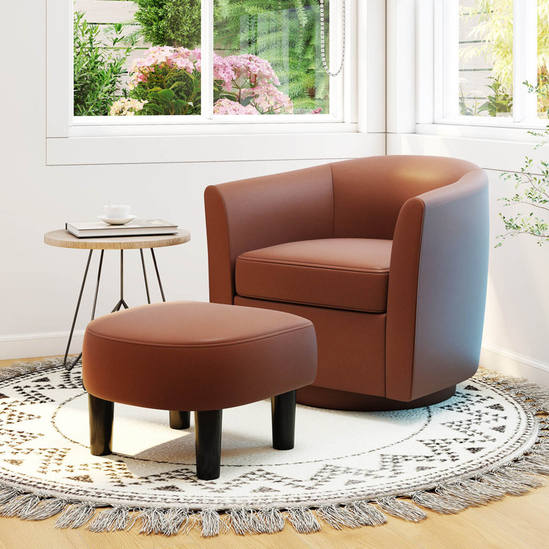 Fauteuil demi-tonneau pivotant avec repose-pieds, dossier courbé et accoudoirs, Brun