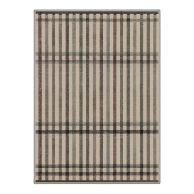 Machine Washable Plaid Ivory / Black Area Rug With Non-Slip Backing