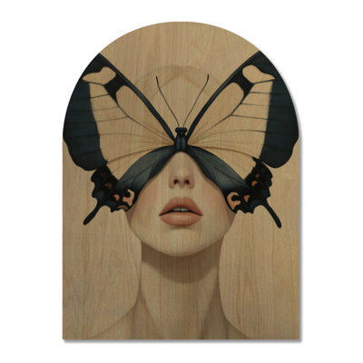 Décoration murale ronde en bois Butterfly Veil Portrait - femme crème