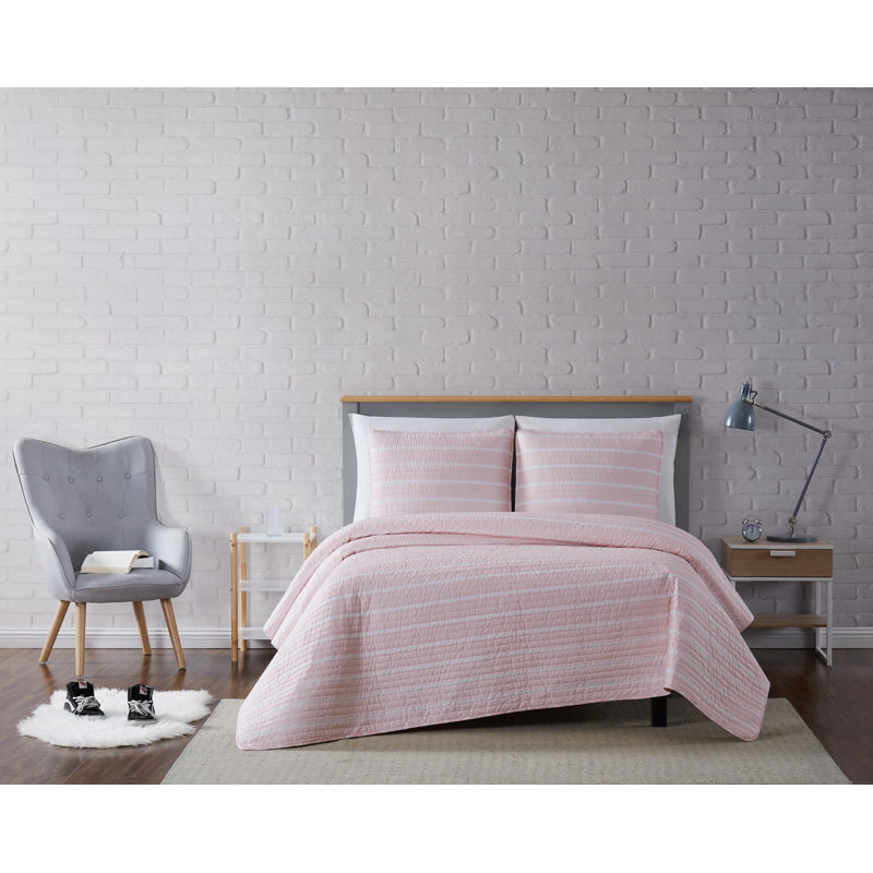 Navy and White Striped Microfiber Full Quilt Set