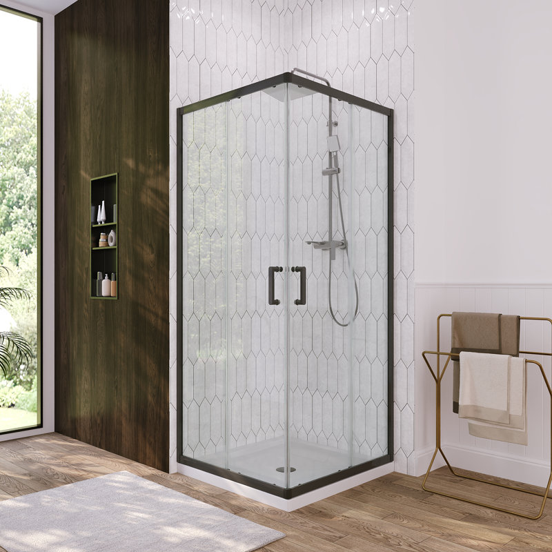 34"W X 34"D X 72"H Framed Square Double Sliding Corner Shower Enclosure With 1/4 In. Tempered Glass, Matte Black