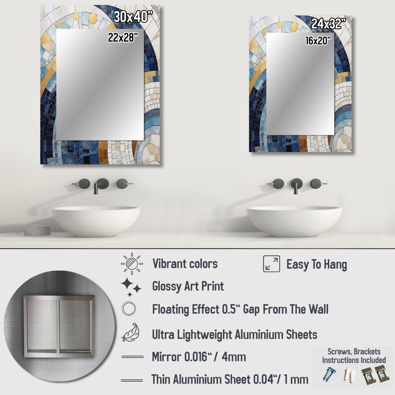 Gold Constructing Blue Realms III - Abstract Shapes Mirror, Blue Decorative Wall Mirror, Printed Metal Art, 32" x 24"