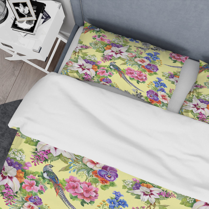 Multicolore oiseaux et fleurs - Ensemble de housse de couette floral - Microfibre de polyester