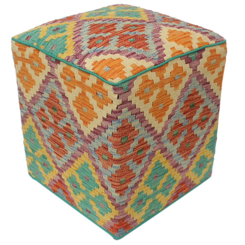 Aprea Upholstered Ottoman, Blue/Rust/Purple/Gold Wool