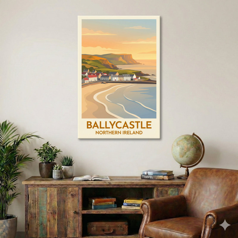 Ballycastle, Northern Ireland - Romantic Coastal Travel Poster Of The Causeway Coast. Giclee Print On Wrapped Canvas. Wall Art, Home Decor - Cities & Towns, Northern Ireland - Wrapped Canvas Print
