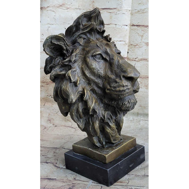Hot Cast Bronze Male Lion Bust Sculpture Statue Original Art On Marble Base