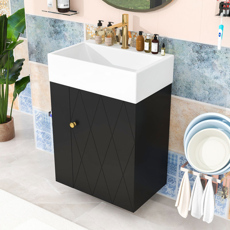 Meuble-lavabo de salle de bain avec lavabo, tablettes et barre à serviettes, Noir