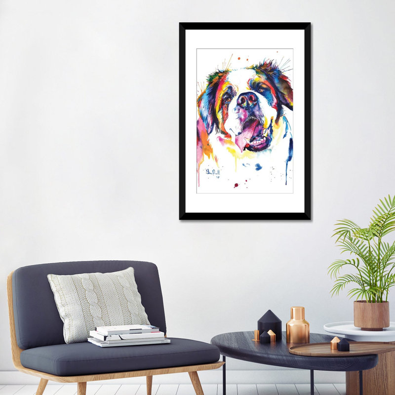 « st. bernard », reproduction sur toile, H 32 po x l 24 po x P 1 po, Papier d'art encadré noir, Blanc