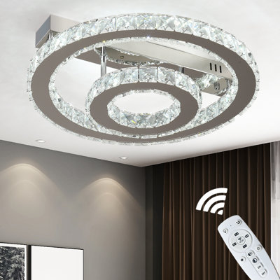 Modern 2-Ring Crystal Flush Mount Ceiling Light, Stepless Dimming LED, Stainless Steel