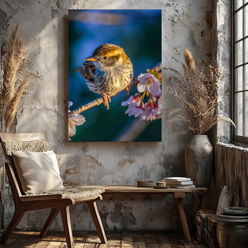 Toile, un charmant petit oiseau perché gracieusement sur une branche délicate, ornée de fleurs de cerisier roses douces