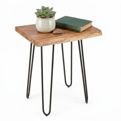 Bexton 15" L x 20" W x 27" H Industrial-Modern Solid Acacia Wood End/Side Table with Hairpin Metal Legs and Protective Floor Pads (Natural Finish)