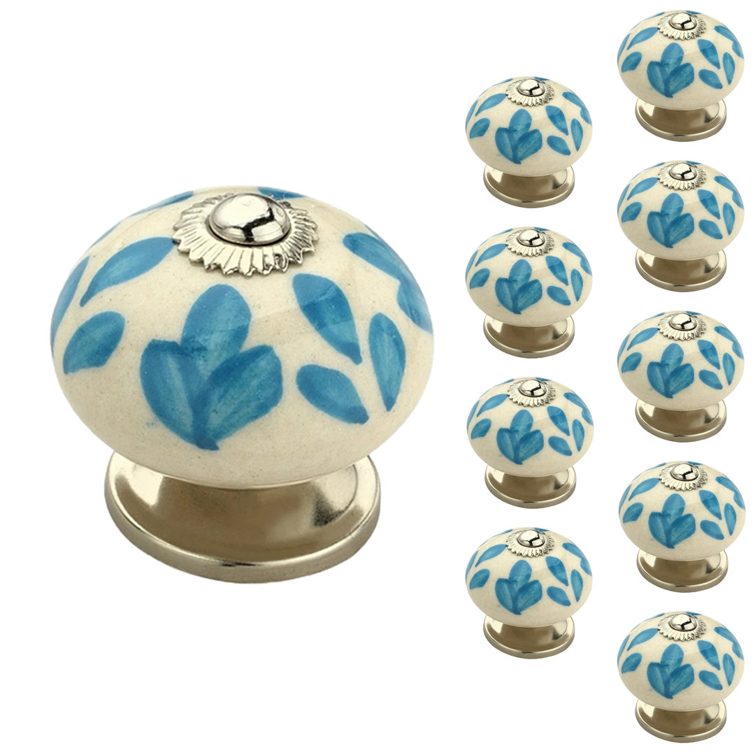 Floral Elegant 1 3/5" Blue/White Cabinet Knob (Set of 10) Mascot Hardware