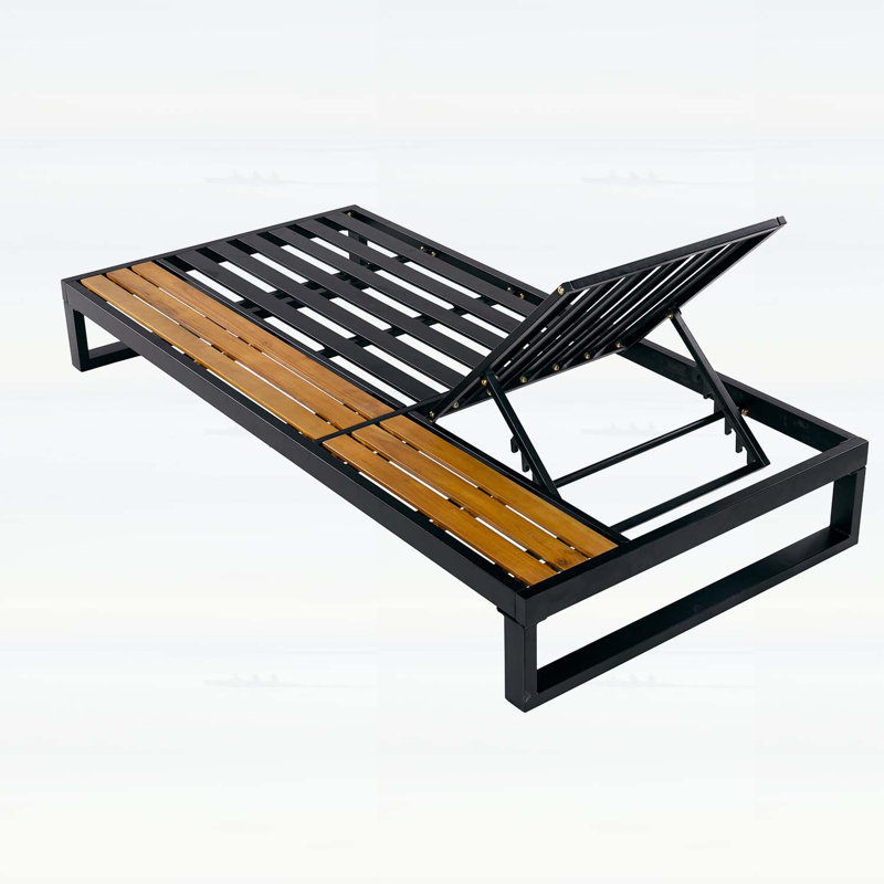 Structure de chaise longue d'extérieur en fer noir et teck avec capacité de poids de 400 lb, dossier réglable à 5 positions et rangement latéral pour terrasse